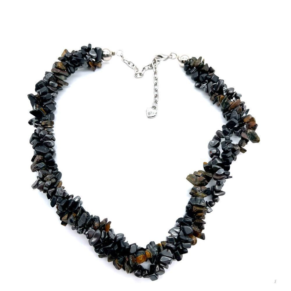 Onyx chips Multi Stand  Necklace w/ Silvertone Chain